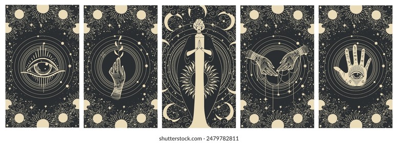 Set of magical celestial illustrations, goddess with sun and moon symbols, all-seeing eye, palm reading, vintage background for witch, astrology, esotericism. Vector.