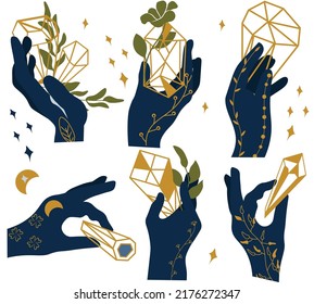 Set von magischem Kristall in der Hand, Blumen und Blätter. Mystische Kristalle, magische Hexerei auf weißem Hintergrund. Schönheitslogo. Vektorgrafik.