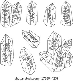 Set of magical crystals with plants. Isolated gem collection. Vector illustration.