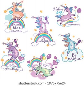 Set of Magical cute Unicorn stickers