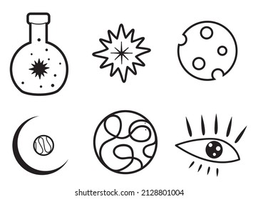 Juego de íconos mágicos del doodle. Colección vectorial de símbolos de brujería lineal negra. Elementos de ocultismo etotérico