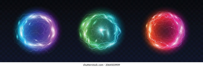 Set of magical electric balls, lightning circle strike impact place, plasma sphere isolated on dark background. Electric energy flash spheres set. 3d vector illustration