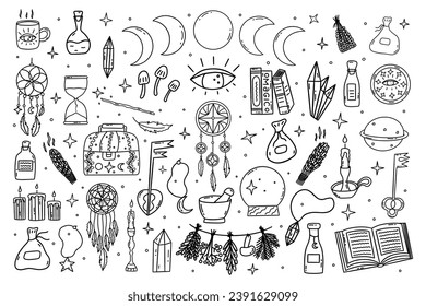 Satz magischer Elemente. Hourglass, Bücher und Kräuter, Traumfänger und Kerzen, Zauberstab und Kristalle, drittes Auge. Schwarz-Weiß-Vektorgrafik, einzelne Illustration, handgezeichnet
