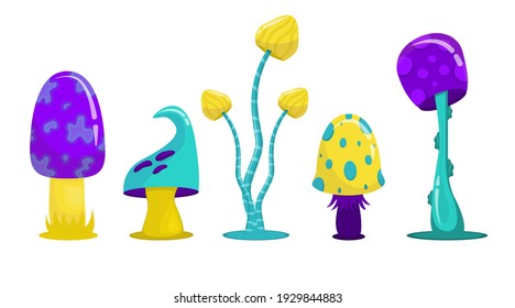 A set of magical fantasy mushrooms in cartoon style is isolated on a white background. A variety of mushrooms in purple and yellow colors. Vector illustration.