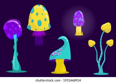 A set of magical fantasy mushrooms in cartoon style is isolated on a dark background. A variety of mushrooms of purple and yellow colors. Vector illustration