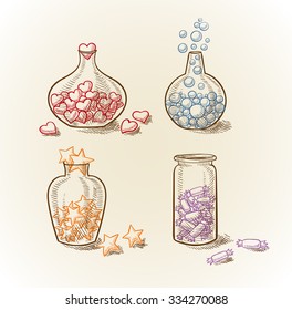 Set magical glass bottles with hearts, stars, candy and balloons as a fairy pill 