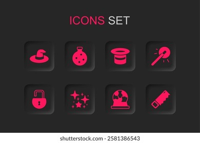 Set Magical glitter particles, Bottle with potion, Witch hat, ball, wand, Hand saw,  and Open padlock icon. Vector