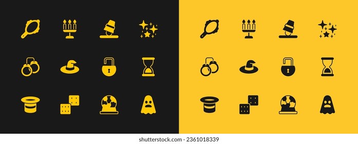 Set Magical glitter particles, Game dice, Open padlock, ball, Witch hat, thimbles, hand mirror and Candlestick icon. Vector