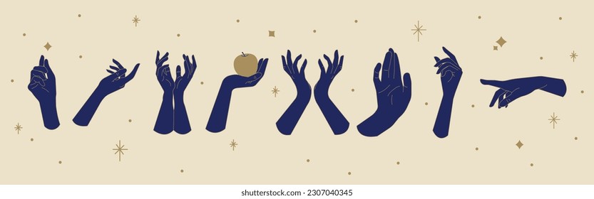 Set of magical hands.Trendy minimal style woman hands.Esoteric and mystical design elements.Magic, wizardry and fortune-telling,witchcraft.Vector illustration