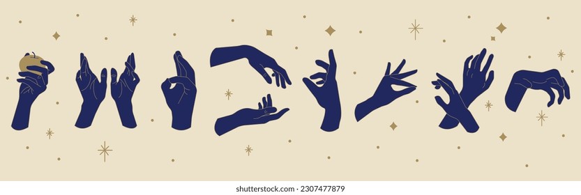  Set of magical hands.Trendy minimal style woman hands.Esoteric and mystical design elements.Magic, wizardry and fortune-telling,witchcraft.Vector illustration