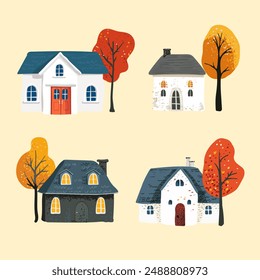 Set of a magical house with a tiled roof in a simple minimalist style, red leaves on a tree on a yellow backdrop. Postcard and poster. Packaging paper and textiles