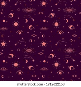 Set of magical items of alchemy and esotericism, stars, planets, sun, moon, third eye. Process of influence of space on fate of person, fortune telling and cards. Seamless vector pattern of tarot card