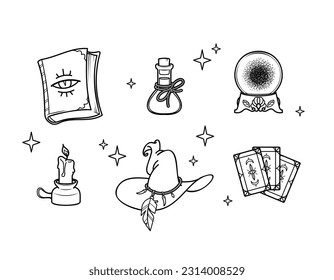 A set of magical items, magician's magic hat, witch's magic potion, spell book, magic ball and tarot cards. Vector illustration that can be used as a tattoo sketch, print for clothes