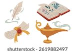 set of magical items. Pen, book, roll, gin lamp in colored flat style. Suitable for fantasy projects, books, games, and works of art related to magic, alchemy, and mystical rituals. An isolated object