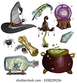 A set of magical items for witchcraft witches in the style of a cartoon.Sorcerer's Hat,Potion pot, Magic items