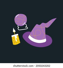 A set of magical items. A wizard's hat, a magic ball and a candle. Flat illustrations on a dark background. Vector illustration for Halloween