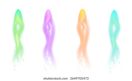 Conjunto de cometas de luz mágica com redemoinhos suaves e partículas cintilantes no fundo branco. Efeito abstrato para cenas mágicas, jogos e design de interface.