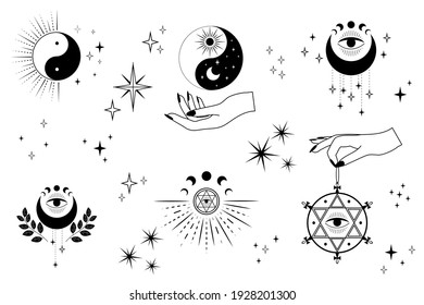 Set of magical line symbols and icons in modern minimalist style. for logo, decoration. Vector flat illustration