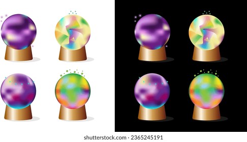  Set of magical, magic balls isolated on a white and black background. Vector illustration