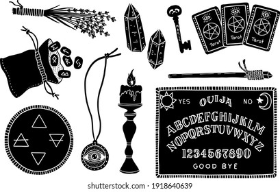 A set of magical and mystical items for fortune telling and spiritualism. Occult and esoteric subjects. Black and white design, vector illustration.