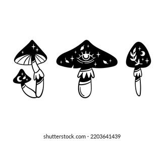 Set of magical mystical mushrooms. Black and white vector clip art in boho style.