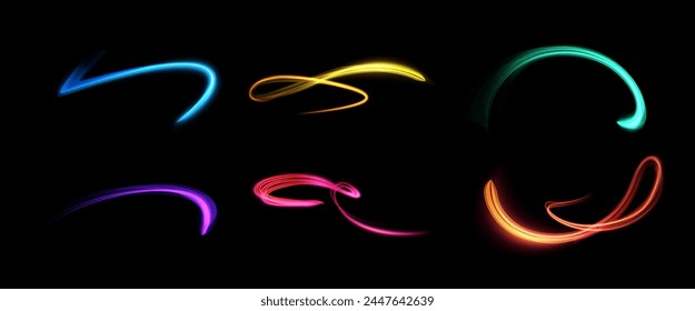 Set of magical neon glowing elements with 3D swirling swirl trails. Rich colors isolated on black background for dynamic magical vector illustrations.