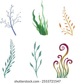 Set of magical plants. Vector flat illustration. Isolated on black background. Great for various designs: psychedelic, meditation related, fairy tales and posters.