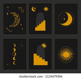 Set of magical posters, mystical elements. Symbols of the spiritual moon and sun. Poster design on astrology or sacred geometry.