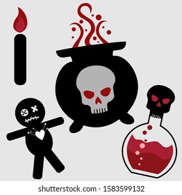 Set magical potion. Poisonous brew in a pot, bottles and flask.  a skull. Icons of deadly items for Halloween. EPS 10.  
Flat vector illustration  Isolated on white background