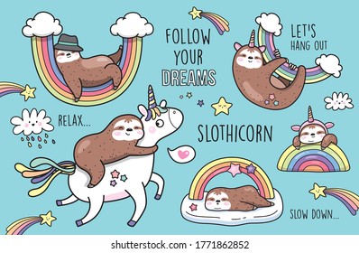 Set of magical Slothicorns, sloths, unicorn and rainbow vector illustration