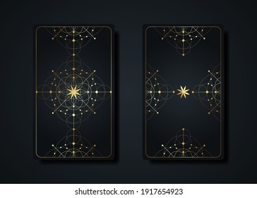 Set magical tarot cards, gold magic occult sacred geometry sign, esoteric boho spiritual symbols, Flower of Life. Luxury Seed of life sacred mandala. Vector collection isolated on black background