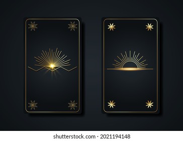 Setzen Sie magische Tarot-Karten, goldener Zauberstil Sun Boho, heiliges Geometrieschild, esoterische spirituelle Symbole, Blume des Lebens. Luxusfutter mit Blumen. Vektorgrafik, goldener und schwarzer Hintergrund