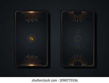 Set magical tarot cards, gold magic Sun boho style, sacred geometry sign, esoteric  spiritual symbols, radiant sun. Luxury Seed of life flowers. Vector collection golden and black background