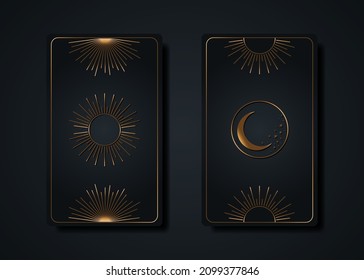 Set magical tarot cards, gold magic Sun and Moon boho style, sacred geometry sign, esoteric spiritual symbols, Luxury God and Goddess sign. Vector collection golden and black background