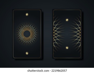 Set magical tarot cards, gold magic occult sacred geometry sign, esoteric boho spiritual symbols, Flower of Life. Luxury Seed of life sacred mandala. Vector collection isolated on black background