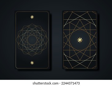 Set magical tarot cards, gold magic occult sacred geometry sign, esoteric boho spiritual symbols, Flower of Life. Luxury Seed of life sacred mandala. Vector collection isolated on black background
