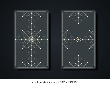 Set magical tarot cards, magic occult sacred geometry sign, esoteric boho spiritual symbols, Flower of Life. Witch icons, Seed of life sacred mandala. Vector collection isolated on dark background