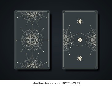 Set magical tarot cards, magic occult sacred geometry sign, esoteric boho spiritual symbols, Flower of Life. Witch icons, Seed of life sacred mandala. Vector collection isolated on dark background