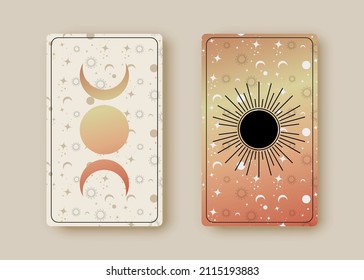 Fijar las mágicas tarjetas tarot, el Sol mágico y la Luna Triple, estilo boho, símbolo sagrado de geometría, símbolos espirituales esotéricos, icono de Dios y Diosa Wiccan. Colección vectorial de vintage sobre fondo celeste antiguo