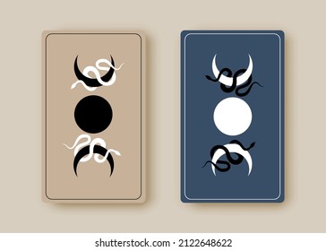 Set magical tarot cards, Magic mystic Triple Moon and Snakes, Moon Phases. Sacred geometry, celestial pagan Wiccan goddess symbol. Crescent moon wicca banner sign, energy circle, vintage background 