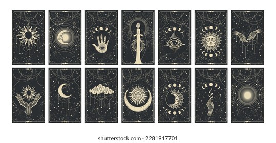 Set of magical tarot cards. Mystical occult illustrations, bohemian spiritual astrology templates, witch vector illustration collection. Prediction of the future.