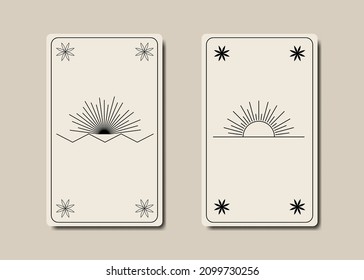 Set magical tarot cards, old white magic Sun boho style, sacred geometry sign, esoteric spiritual symbols, Flower of Life. sunbeams, radiant. Black Vector collection white background