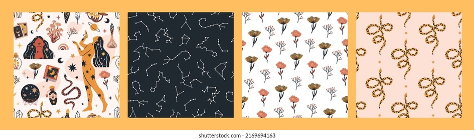 Set of magical themed seamless patterns. Celestial backgrounds collection vector illustrations.