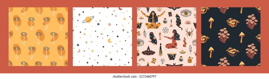 Set of magical themed seamless patterns. Witchcraft backgrounds collection vector illustrations. 