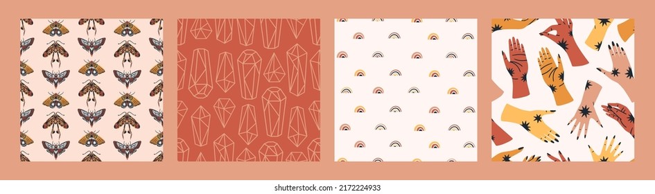Set of magical themed seamless patterns. Mystical backgrounds collection vector illustrations. 
