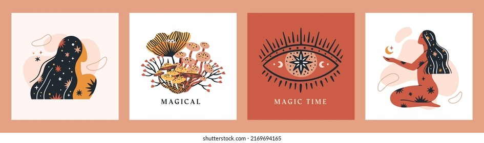 Set of magical themed square cards templates. Spiritual collection hand drawn vector illustrations.