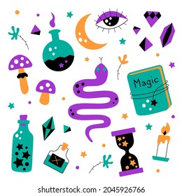 Set of magical things: magic book, potion, hourglass, mushrooms, snake, candle, crystals. Cute magic elements for wizard or witch. Flat cartoon style. Vector illustration isolated on a white.