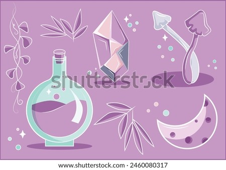 Set of magical tools in pink colors. Magic crystal, flask with potion, mushrooms, plants, moon. Magic objects drawn by hand in vector.