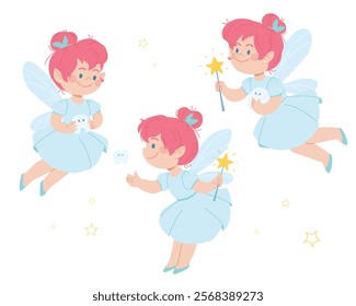 Set of magical tooth fairies with wings