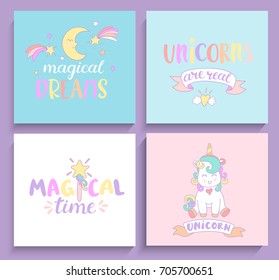 Set of magical unicorns cards with lettering. Vector illustration for print and greeting cards.